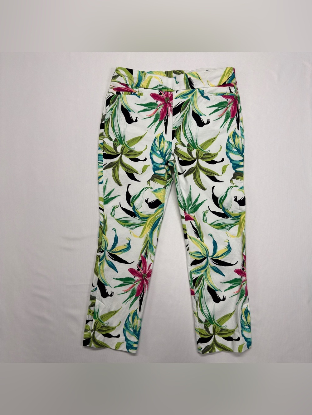 Chico's White Straight-Leg Pants with Green, Pink & Blue Botanical Print